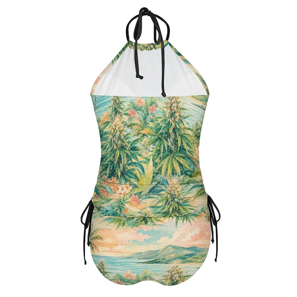 Ganja breeze tropical print tankini bikini, flat lay showing top and bottoms