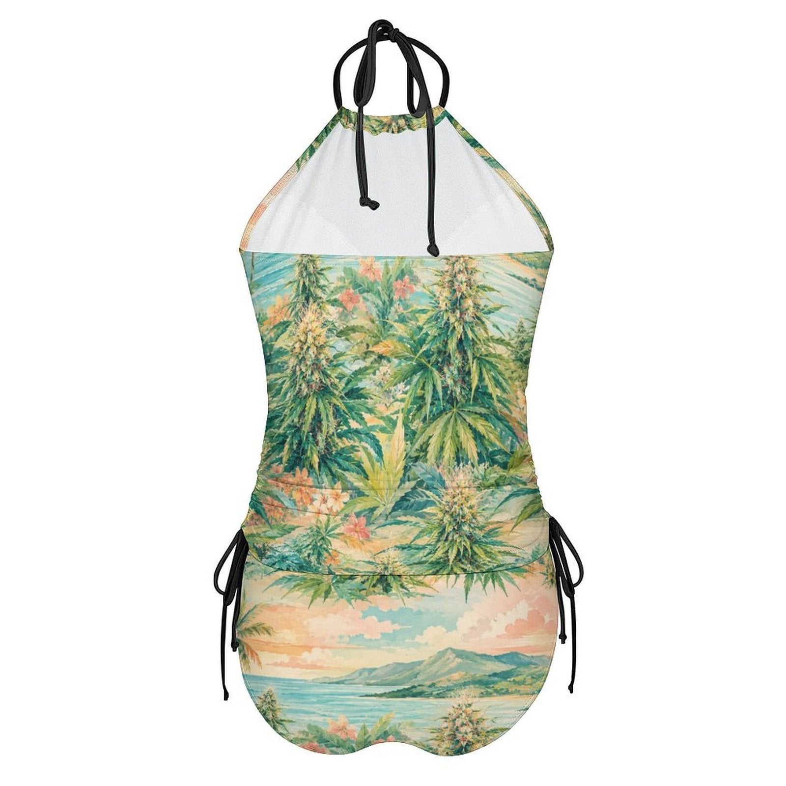 Ganja breeze tropical print tankini bikini, flat lay showing top and bottoms