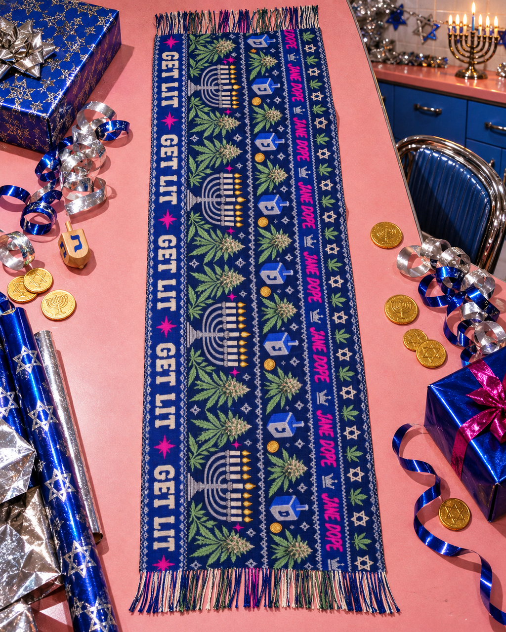 Full Get Lit Hanukkah Large Scarf showing its 200 by 70 cm rectangular shape, menorahs, dreidels, Herb botanicals and fringe.