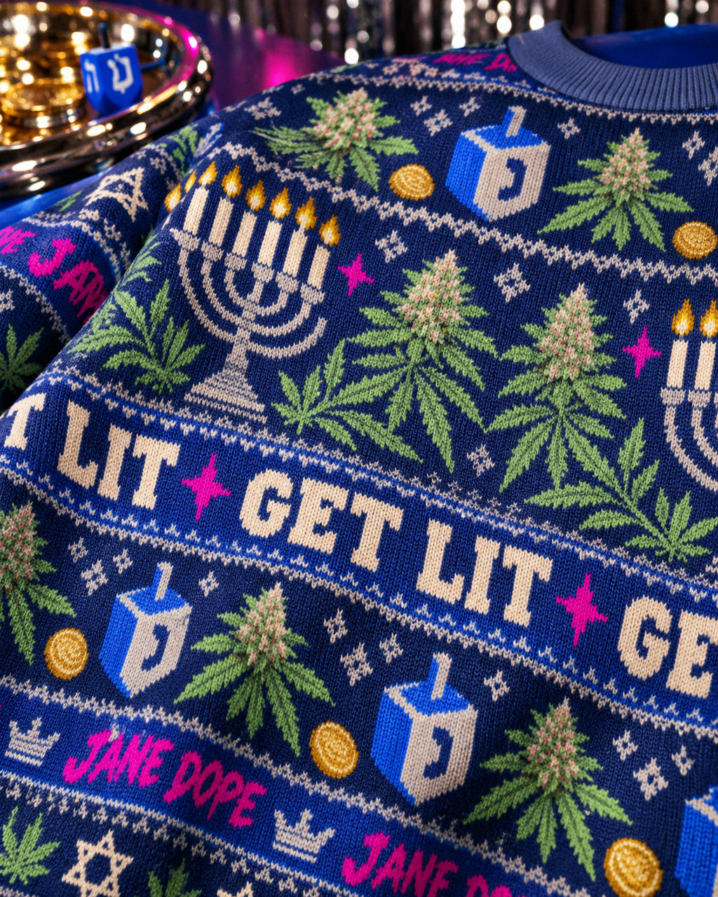 Close-up of knit-textured polyester, Get Lit lettering and Hanukkah print