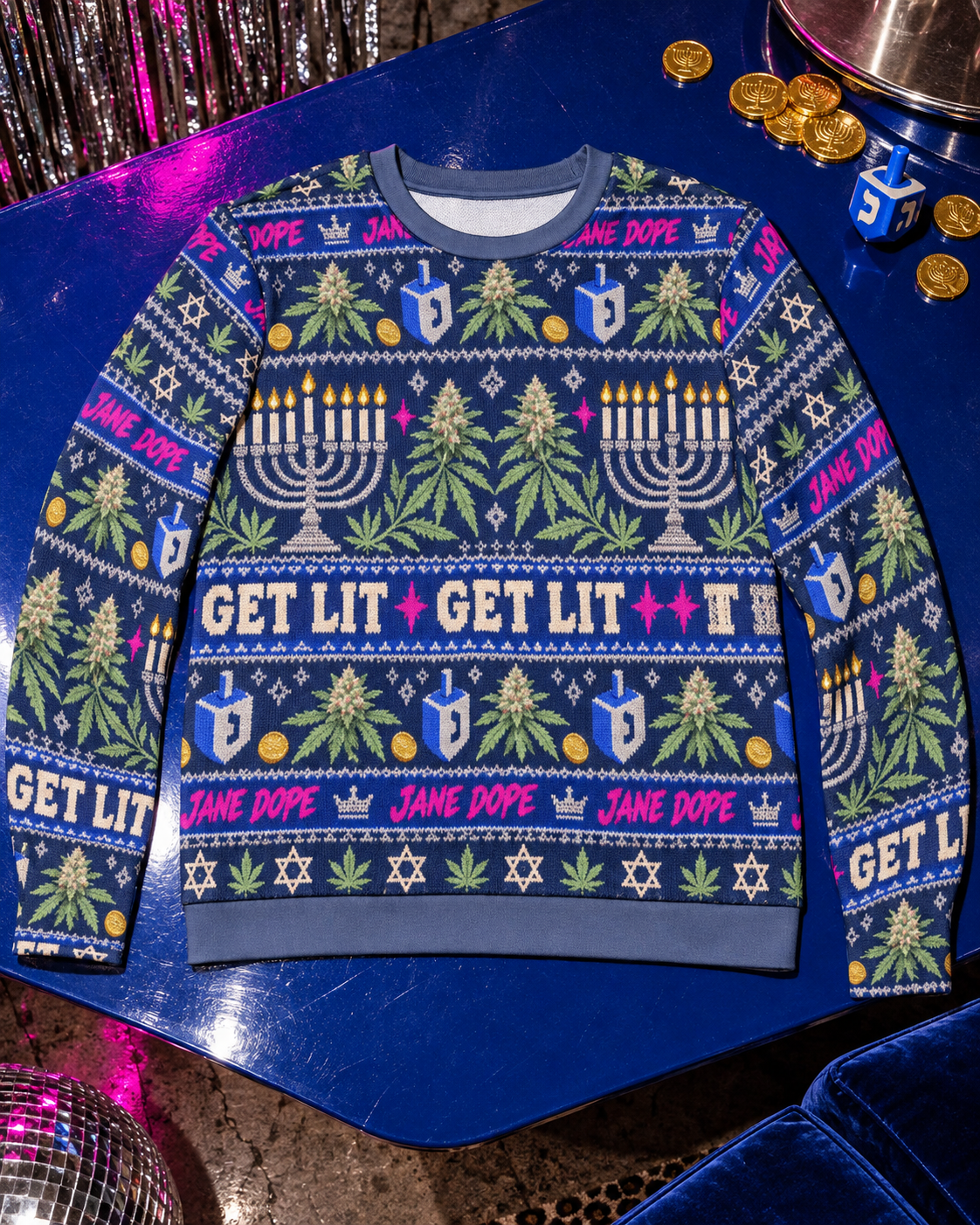 Full front of navy Hanukkah sweater with Get Lit lettering, dreidels and patterned cuffs