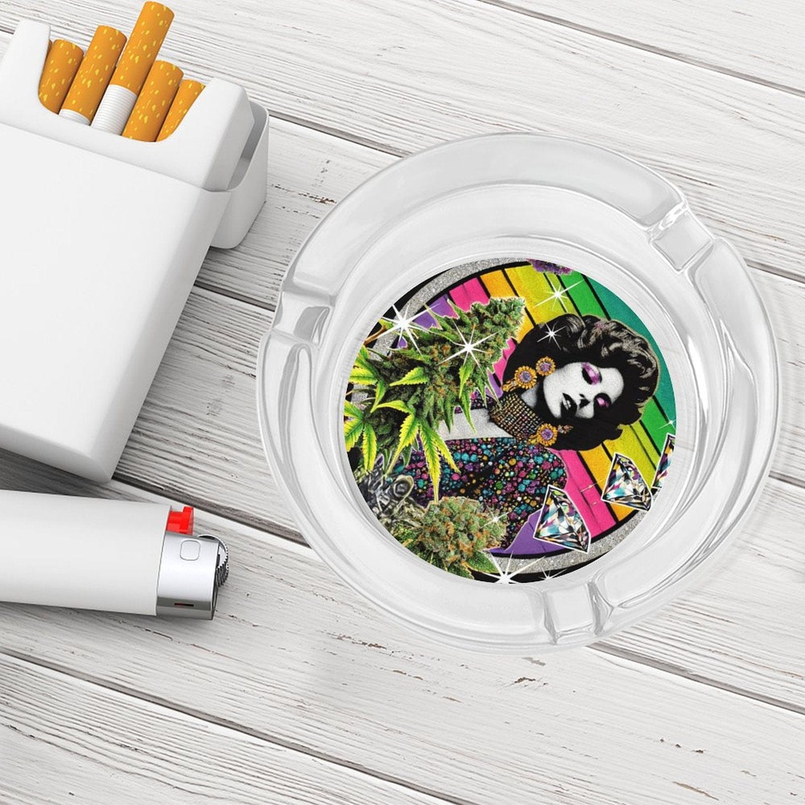 Glitter cannabis bud-shaped glass ashtray, angled view showing glitter detail