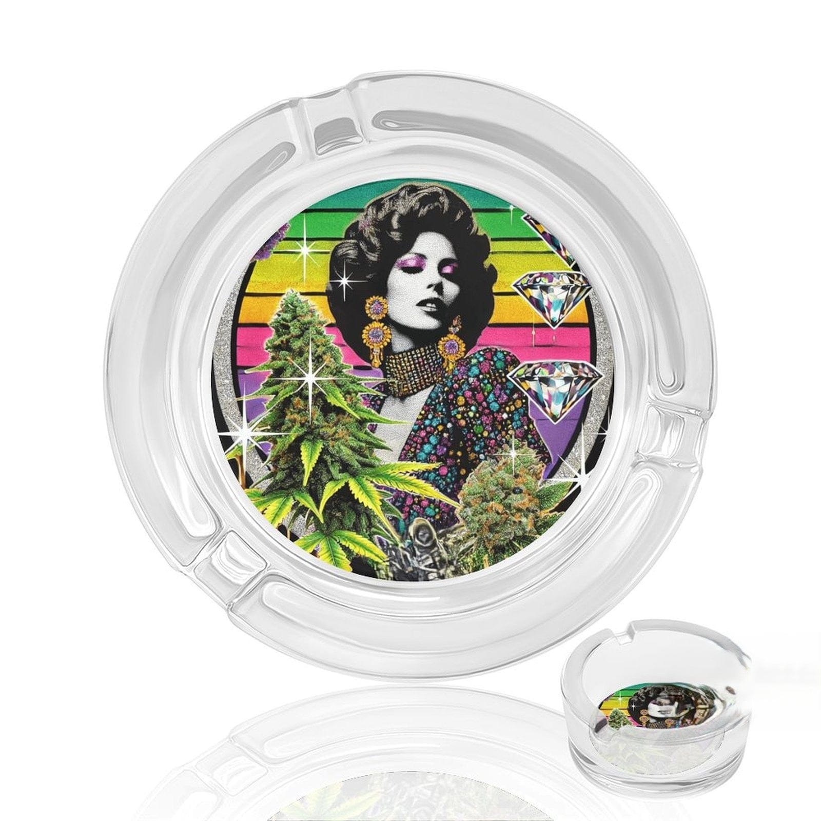 Glitter cannabis bud-shaped glass ashtray, top-down view
