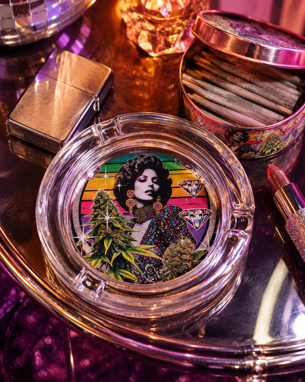 Glitter bud-shaped glass ashtray, lifestyle shot on side table