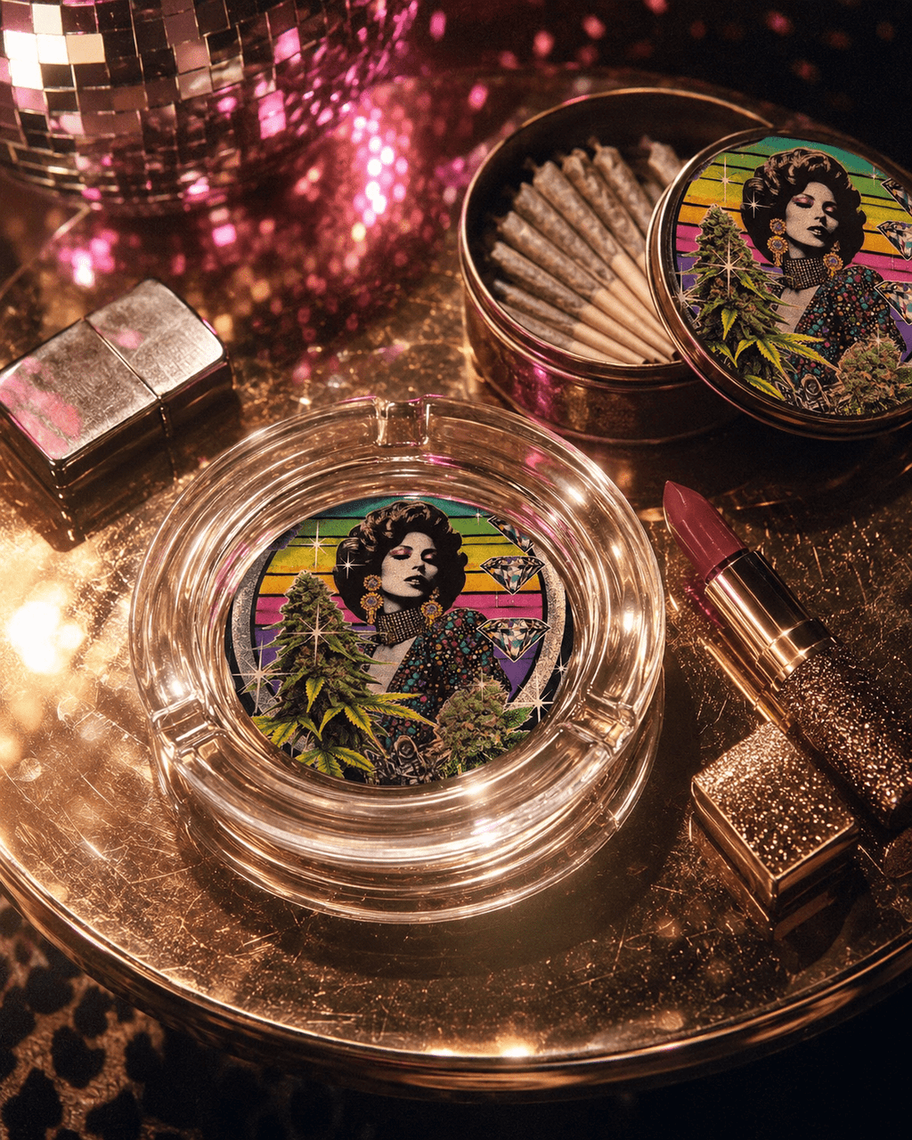 Jane Dope glitter bud-shaped glass ashtray, front view
