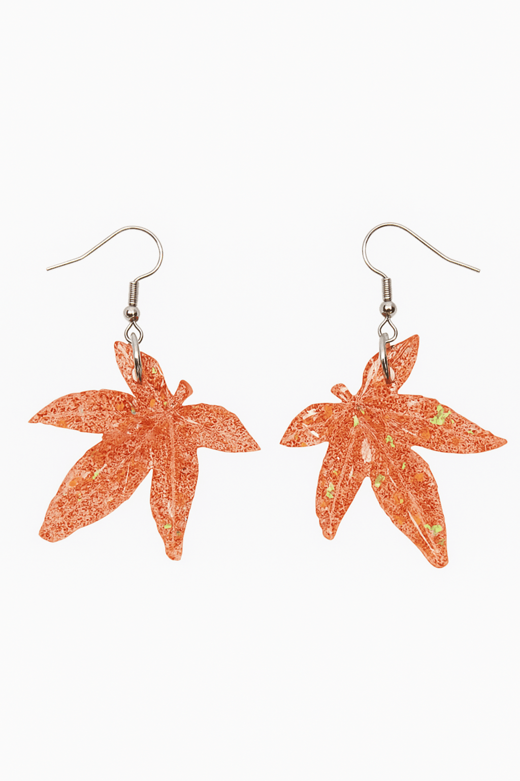 Glitter moonstone cannabis leaf earrings in pink, close-up
