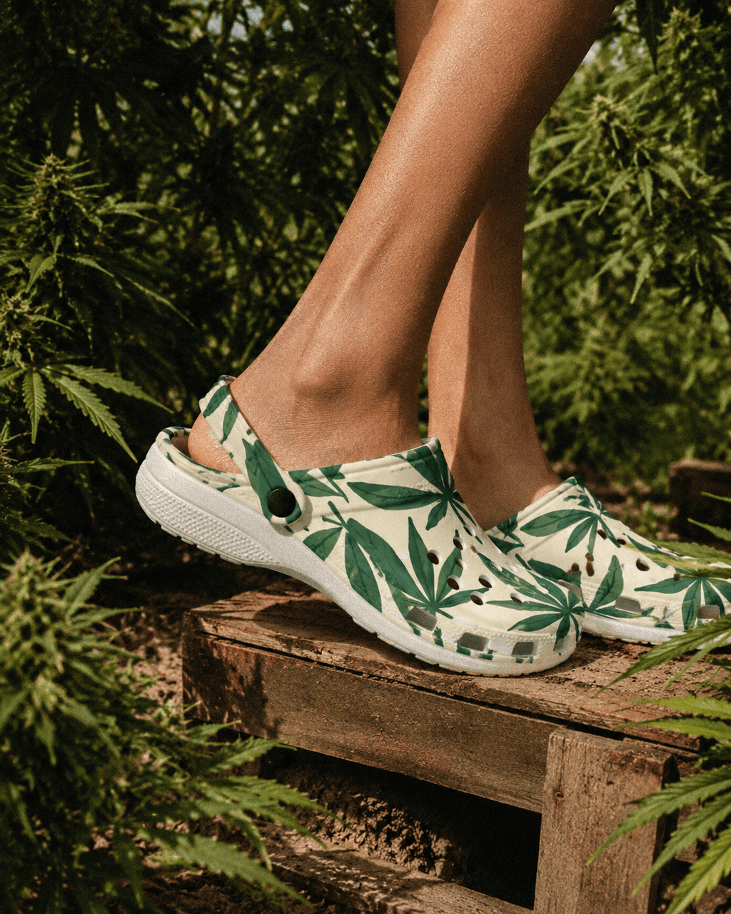Jane Dope leaf print foam clogs, front view on model