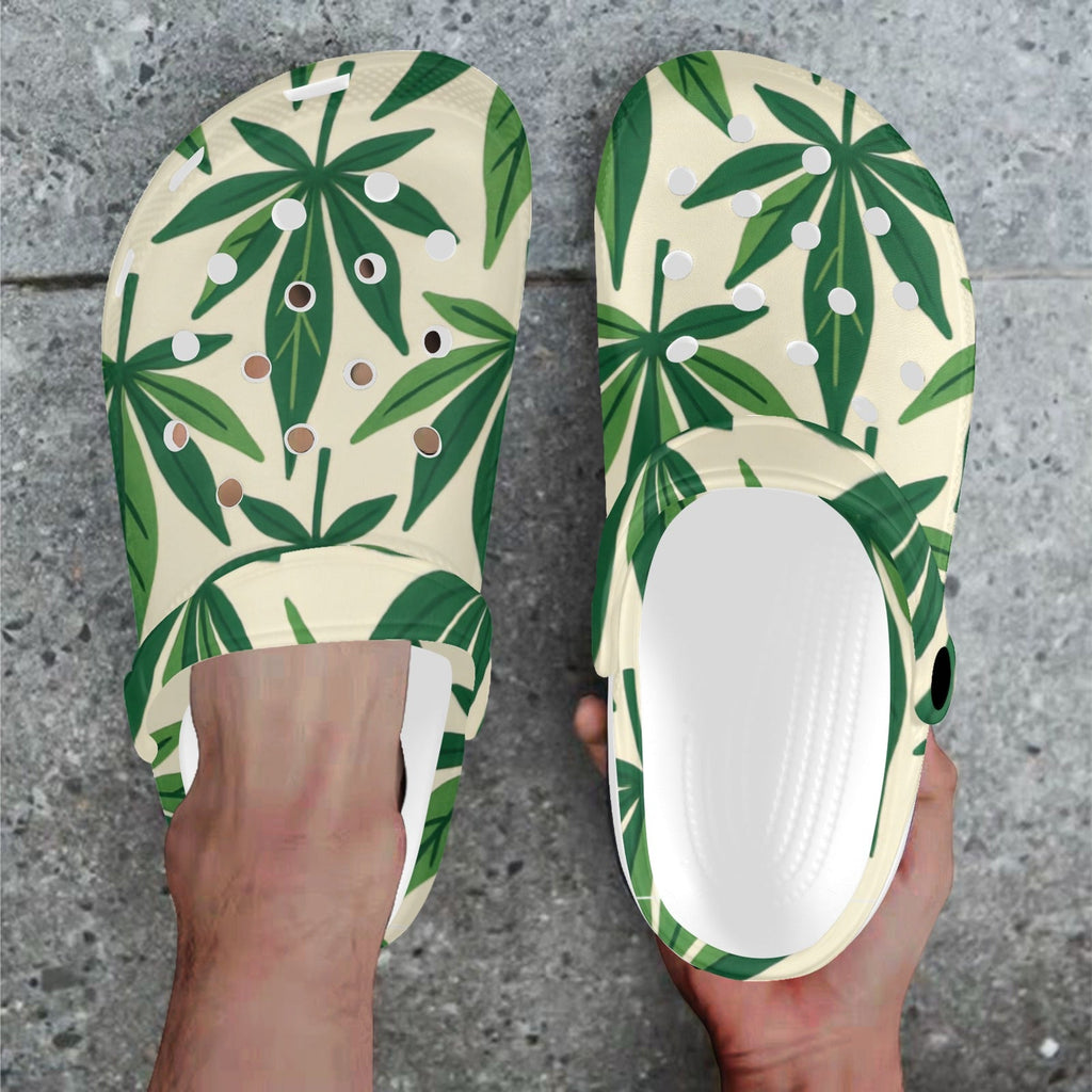 Leaf print foam clogs, flat lay front view