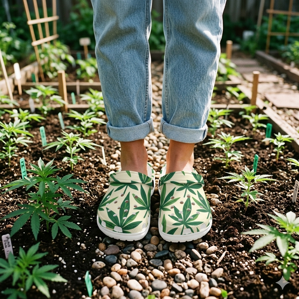 Jane Dope leaf print foam clogs, lifestyle worn shot