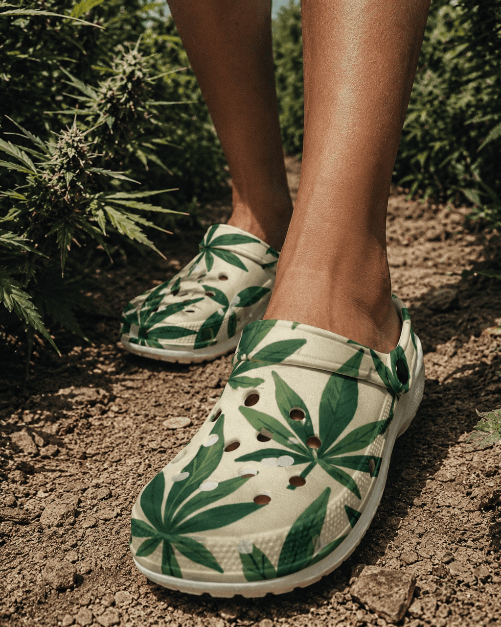 Leaf print foam clogs, top-down view showing print detail