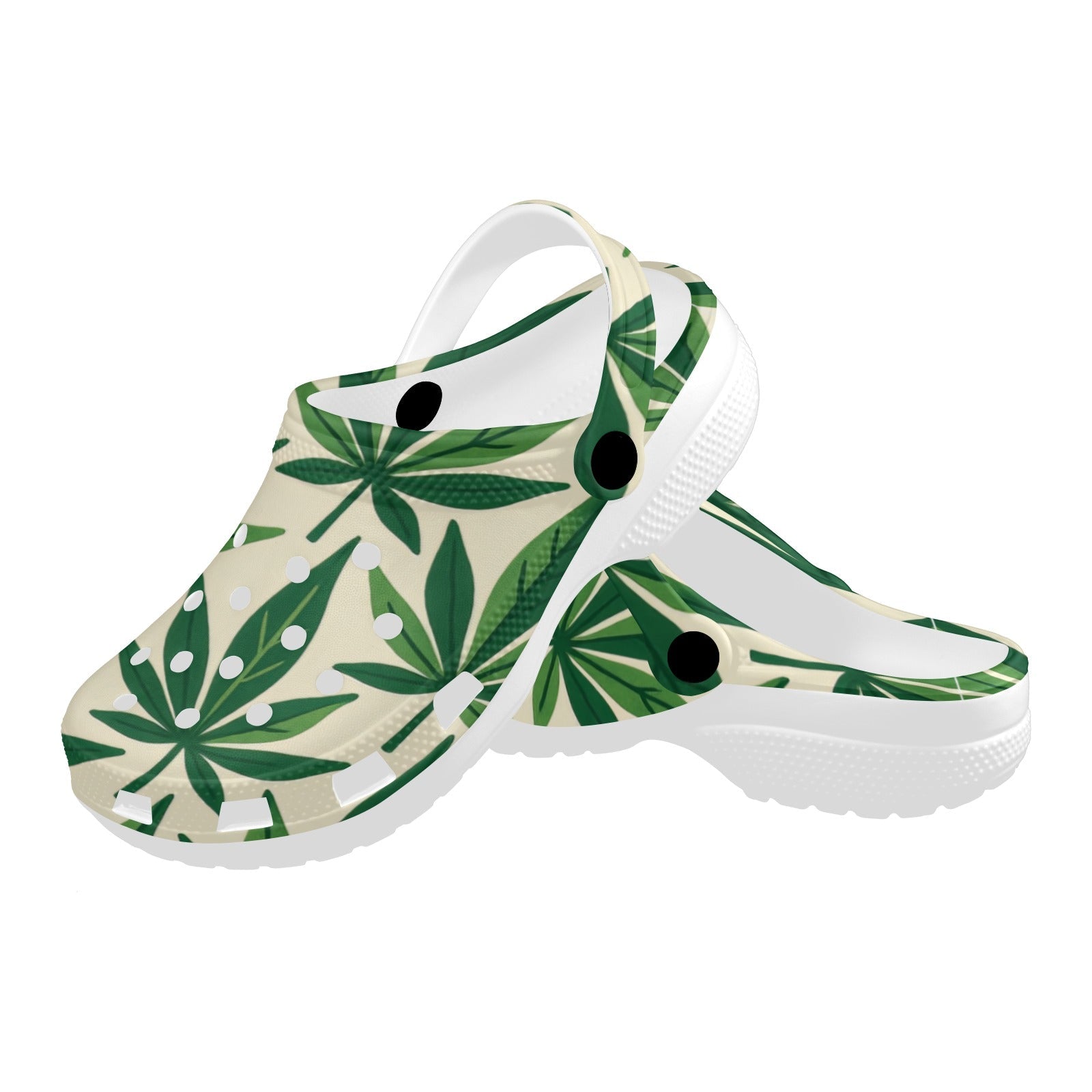 Leaf print foam clogs, top-down view showing strap and footbed