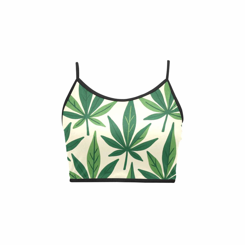 Cannabis leaf print crop tank, hem detail close-up