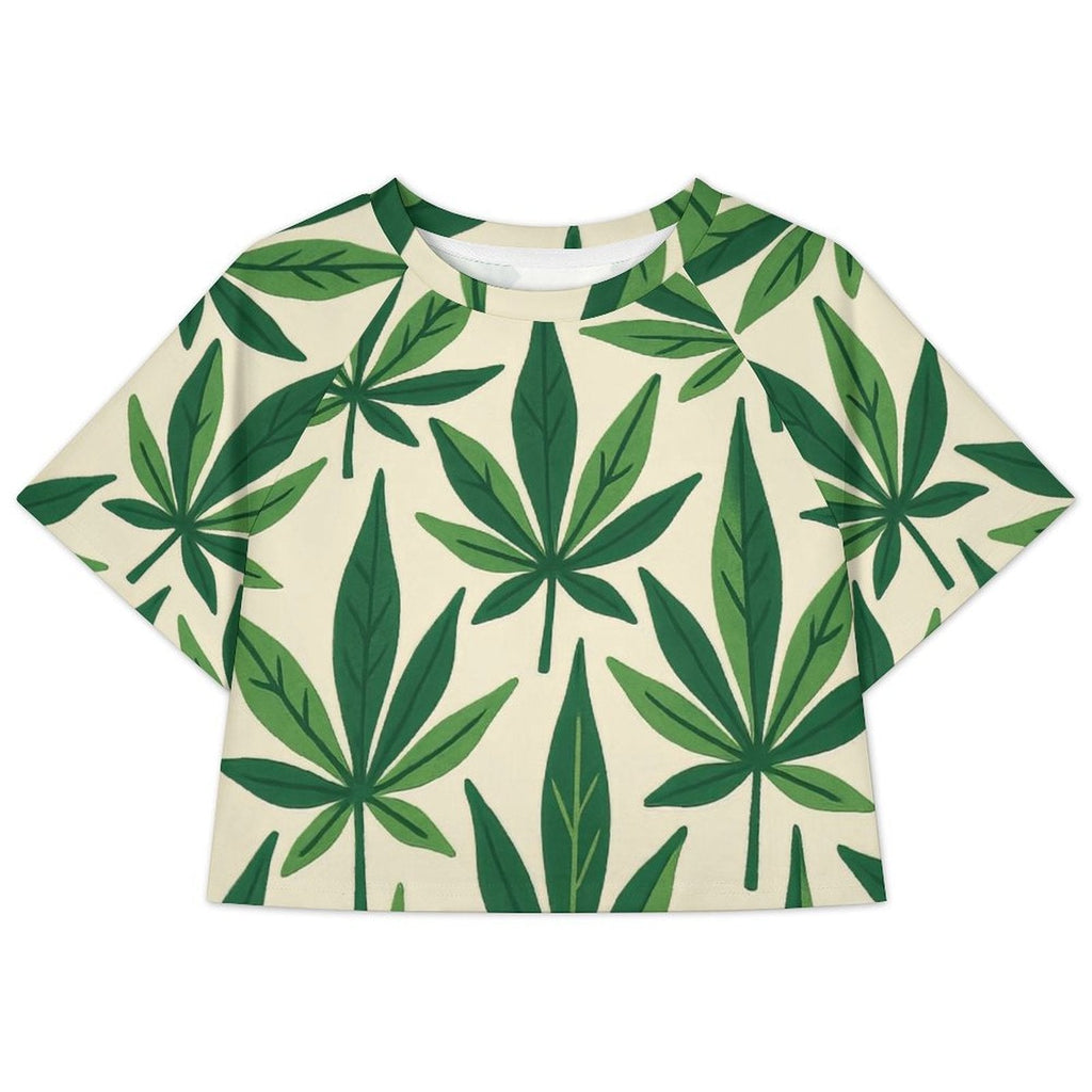 Green cannabis leaf print cropped raglan t-shirt, flat lay back