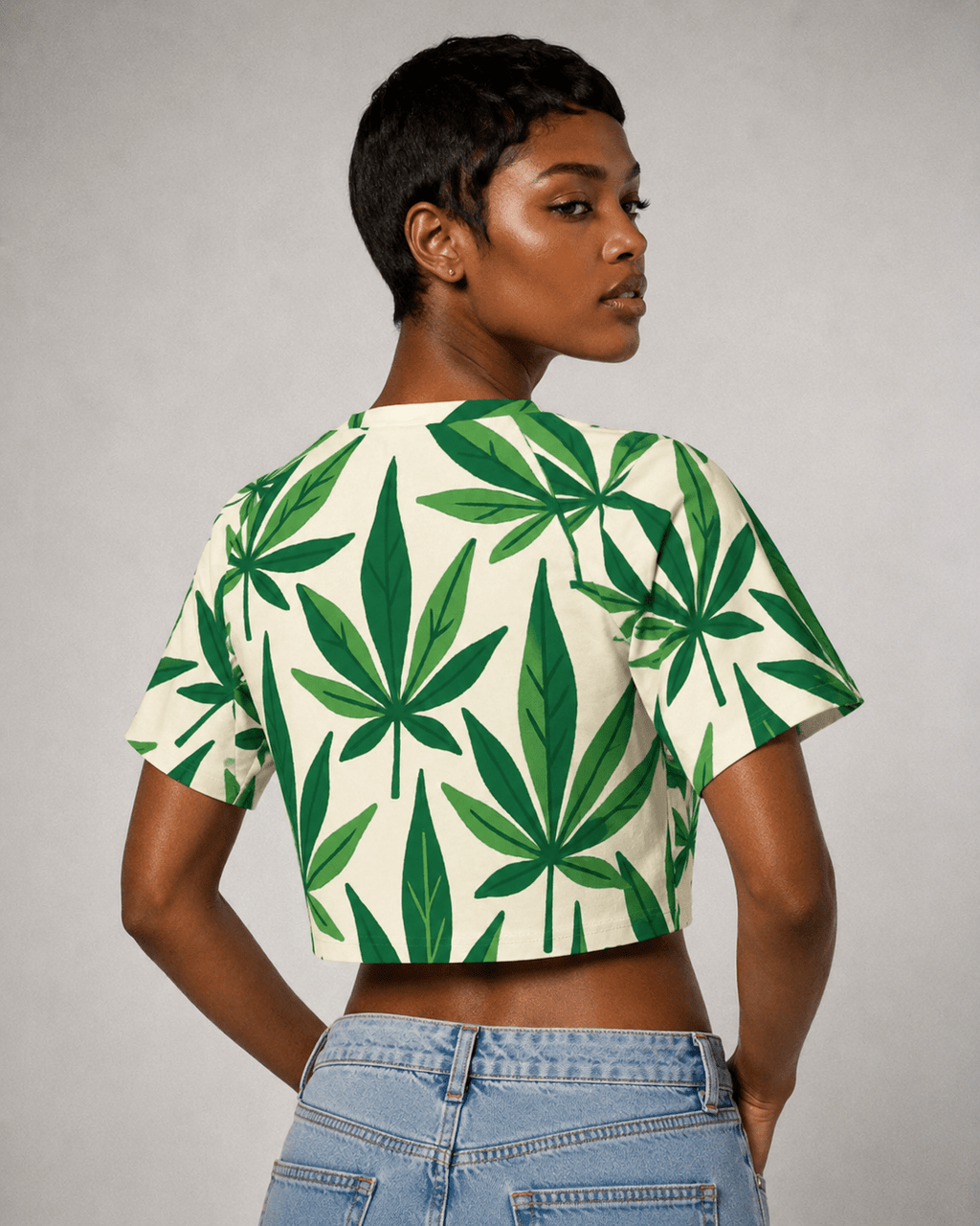 Green cannabis leaf print cropped raglan t-shirt, back view on model
