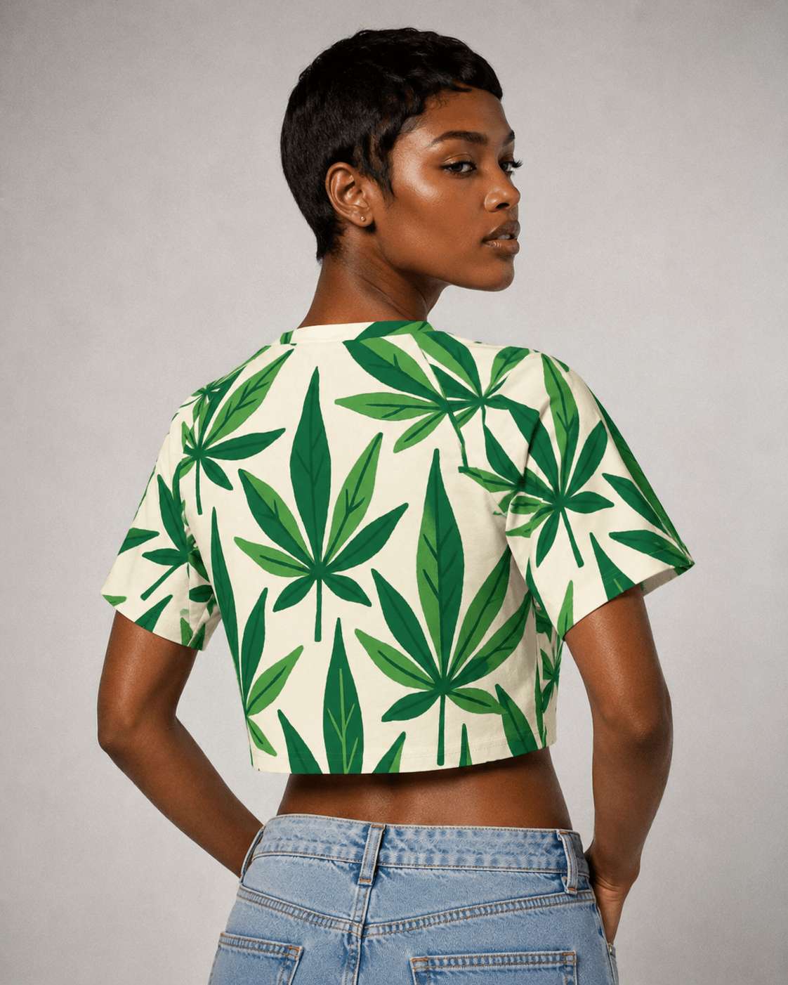 Green cannabis leaf print cropped raglan t-shirt, back view on model