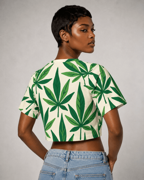 Green cannabis leaf print cropped raglan t-shirt, back view on model