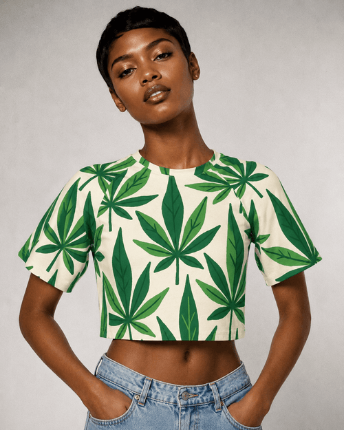 Jane Dope green cannabis leaf print cropped raglan t-shirt, front view on model