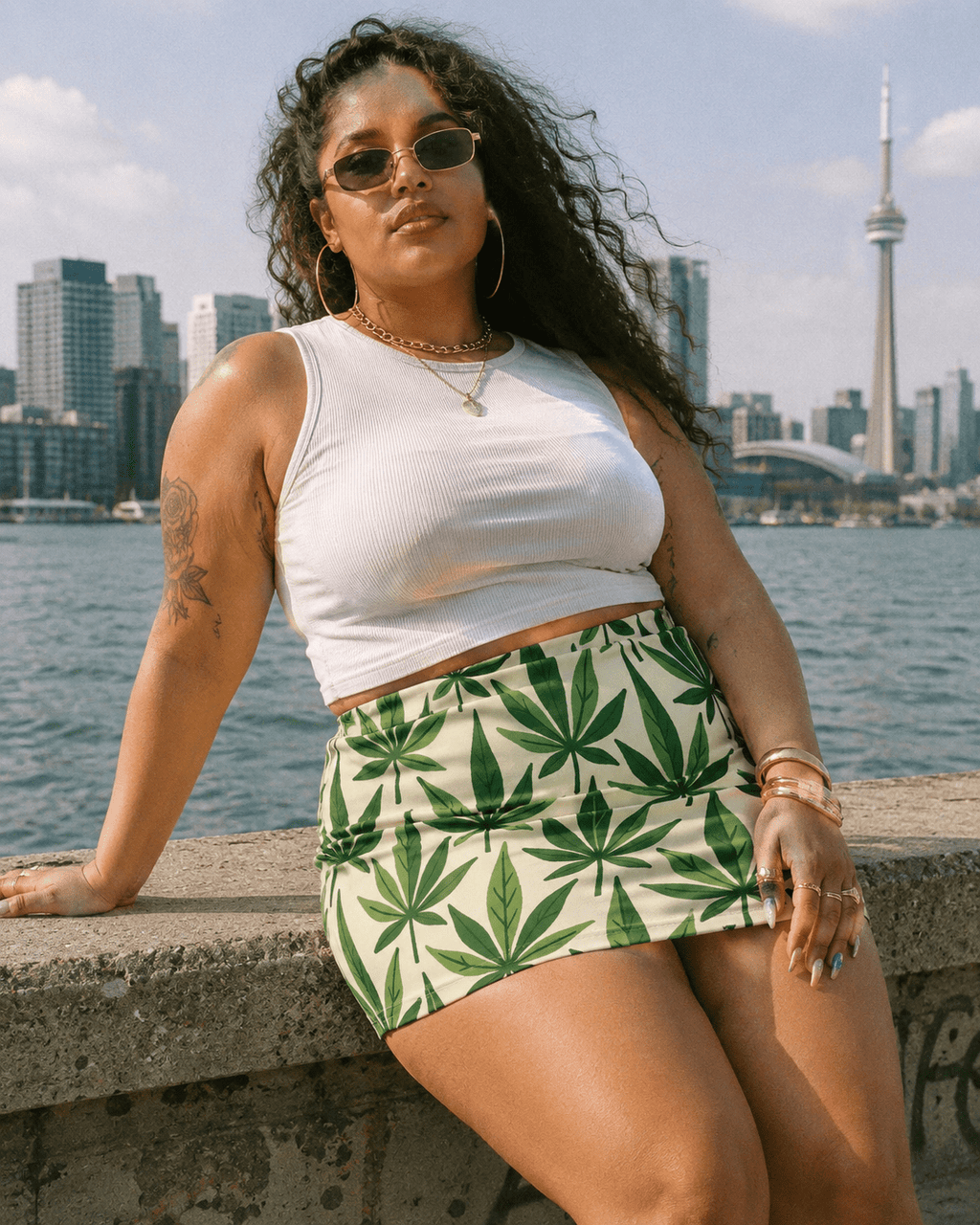 Leaf print mini skirt, walking shot on model