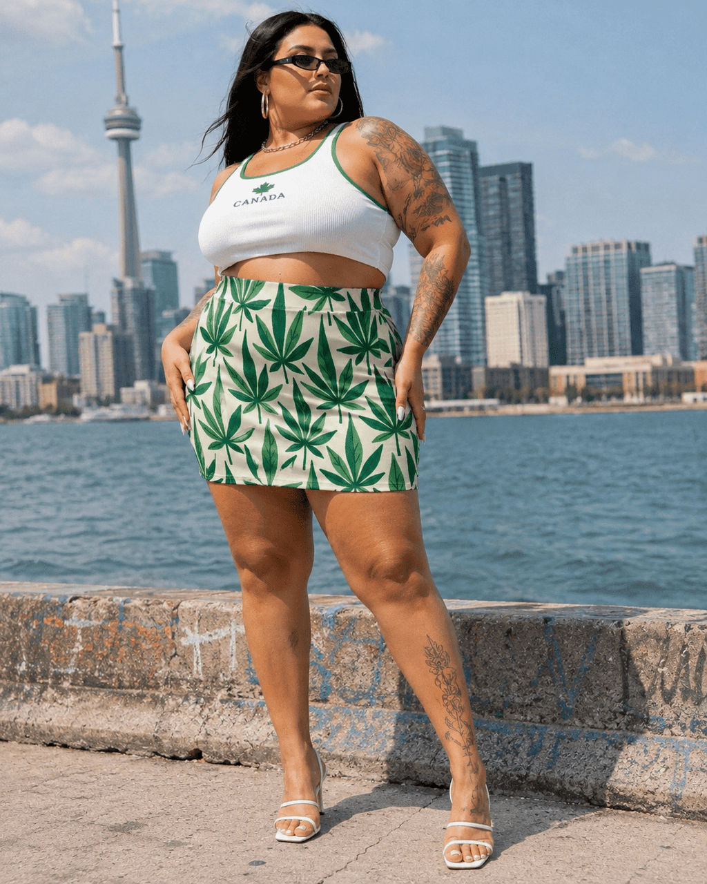 Leaf print mini skirt, seated lifestyle shot on model