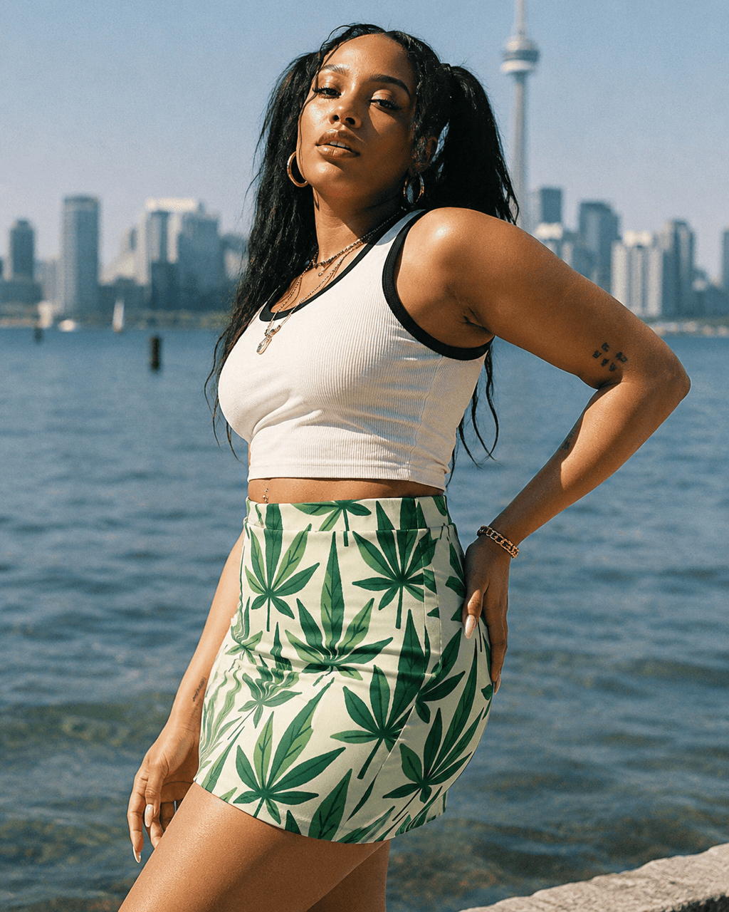 Jane Dope leaf print women's mini skirt, front view on model
