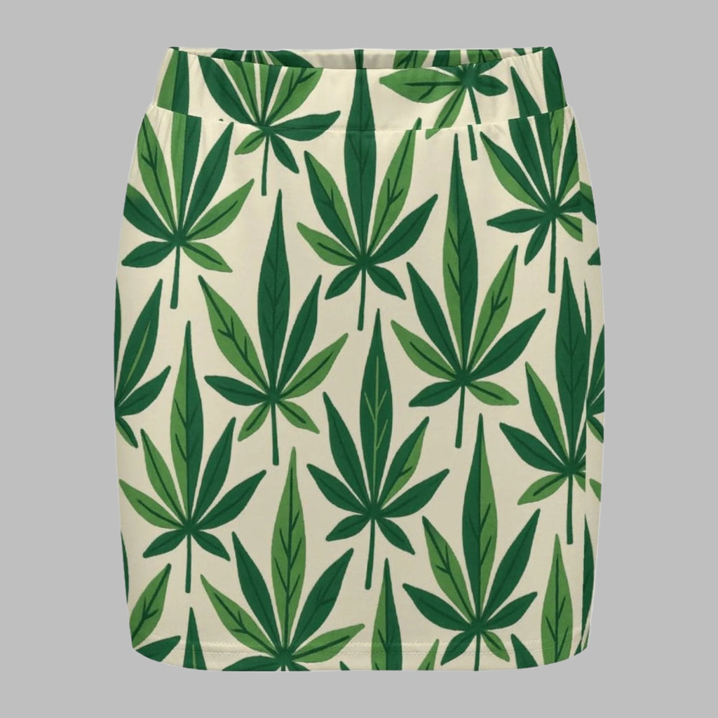Leaf print mini skirt, waistband detail close-up