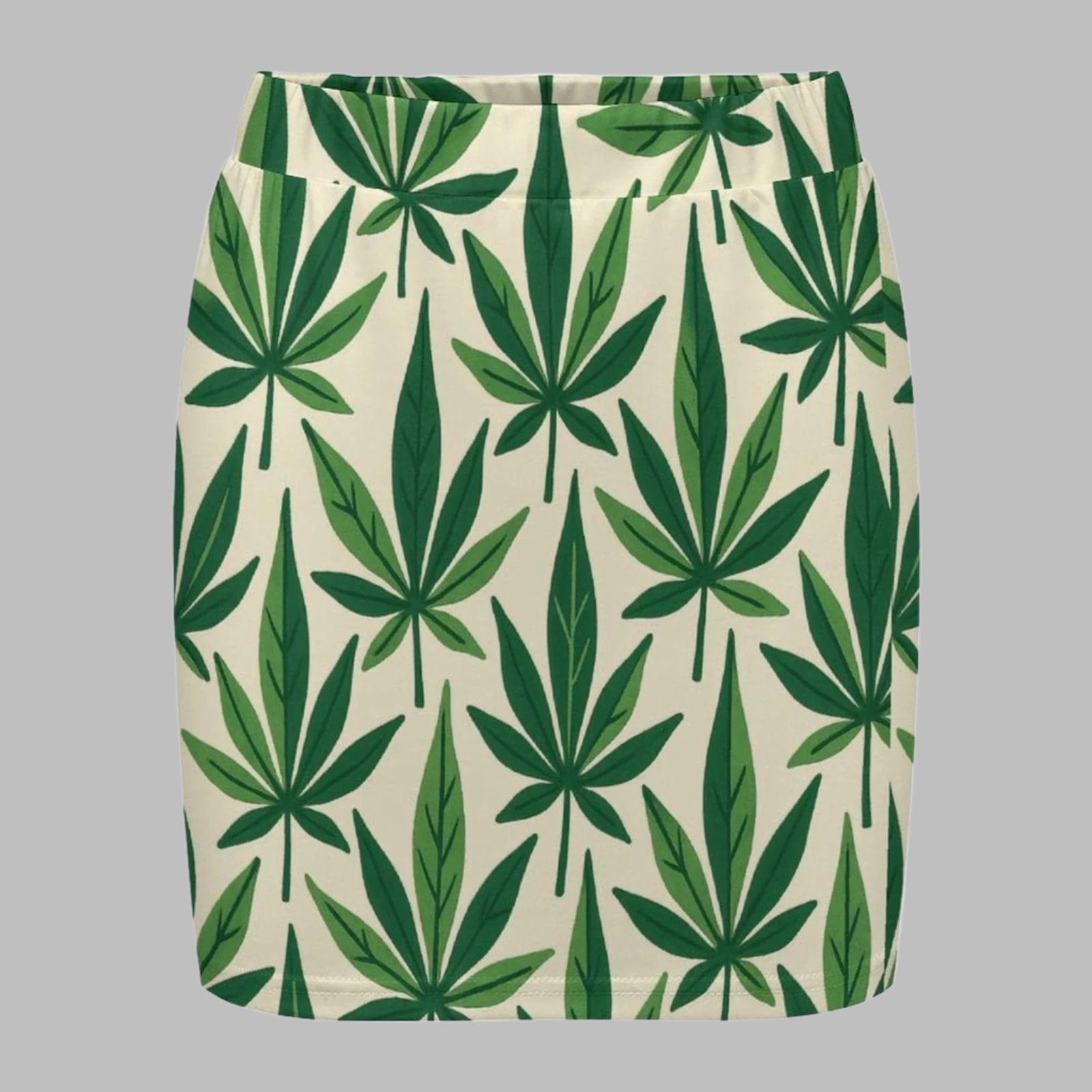 Leaf print mini skirt, waistband detail close-up