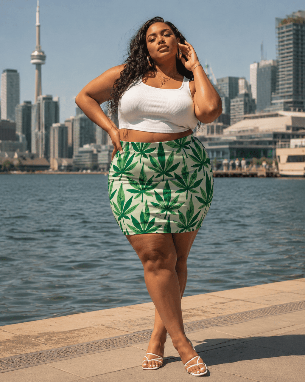Leaf print mini skirt, lifestyle editorial shot on model