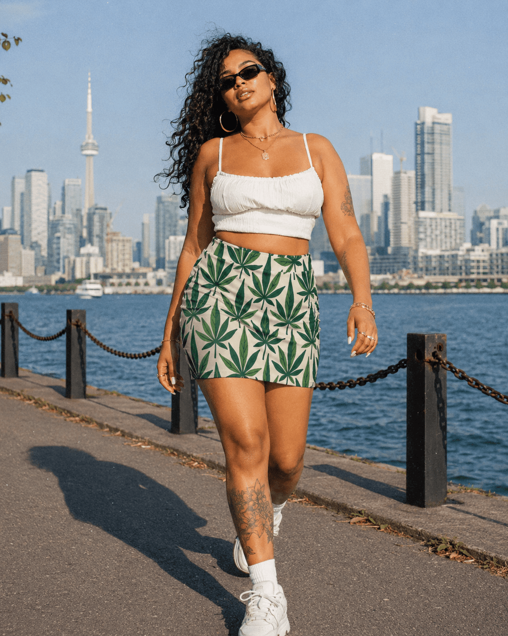 Leaf print mini skirt, three-quarter view on model