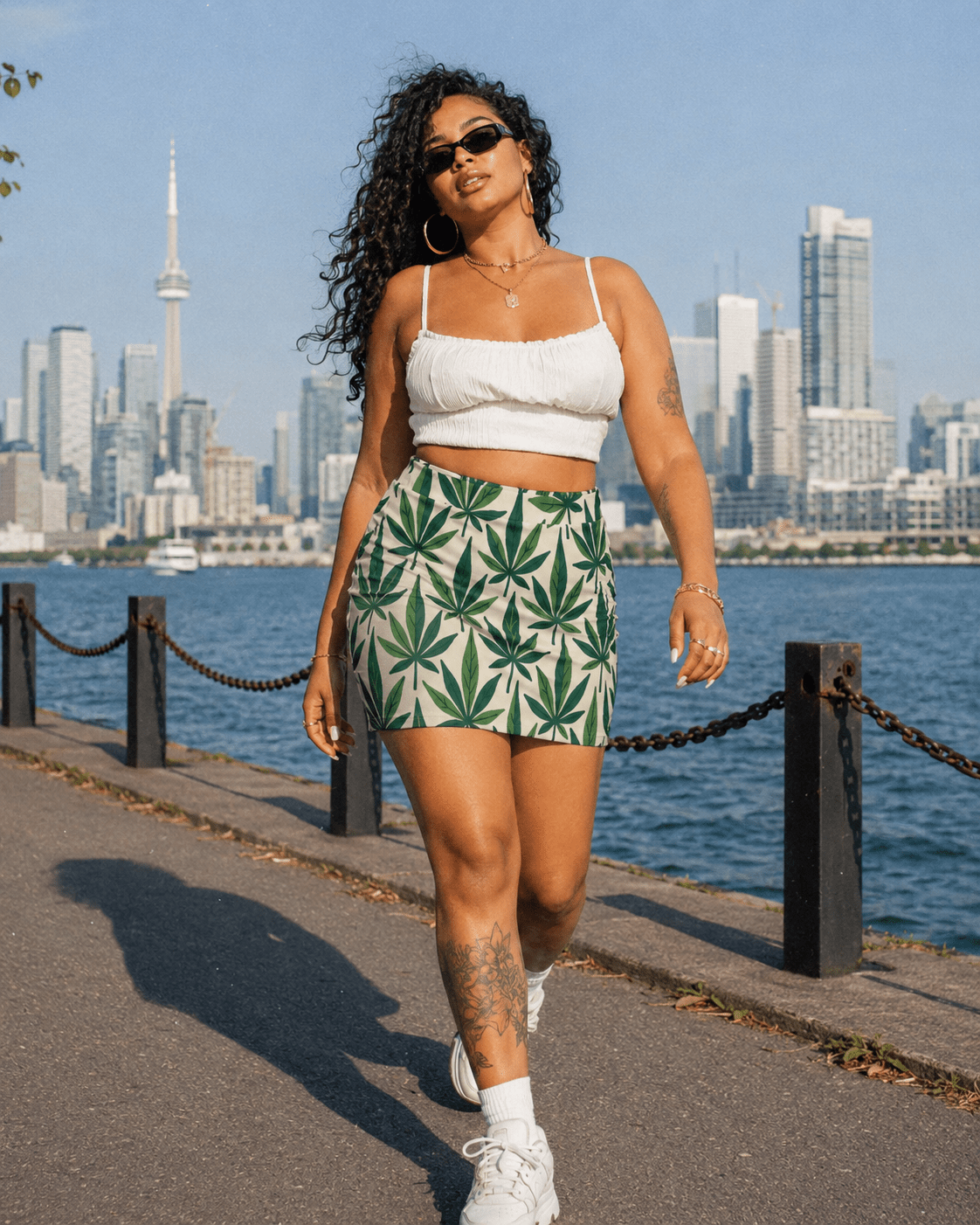 Leaf print mini skirt, three-quarter view on model