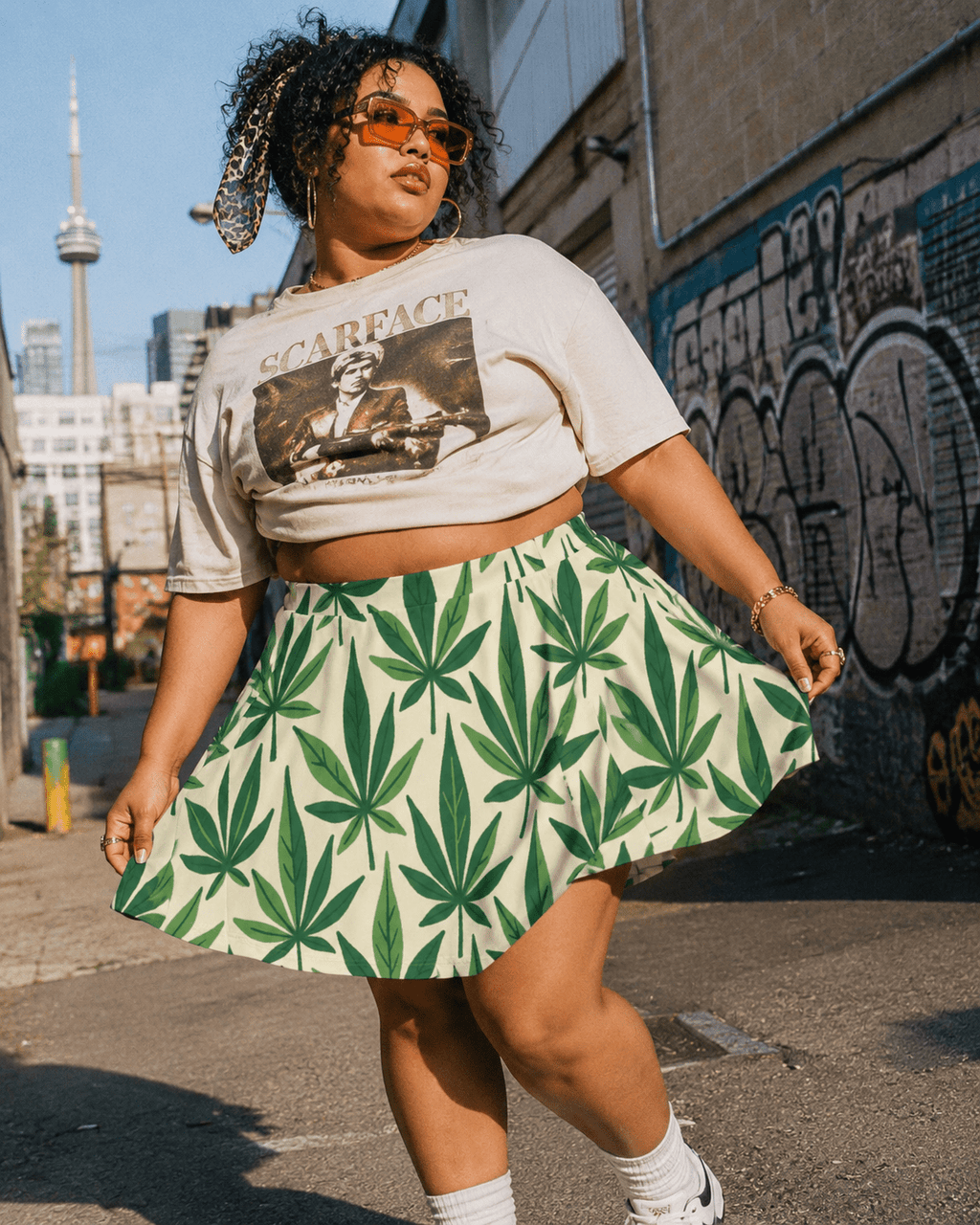 Leaf print skater skirt, lifestyle editorial shot on model