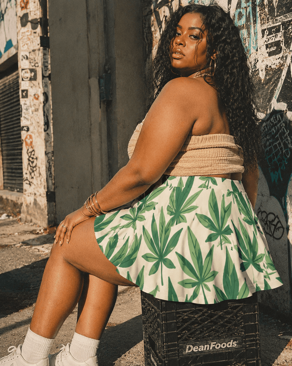 Leaf print skater skirt, full length view on model outdoors