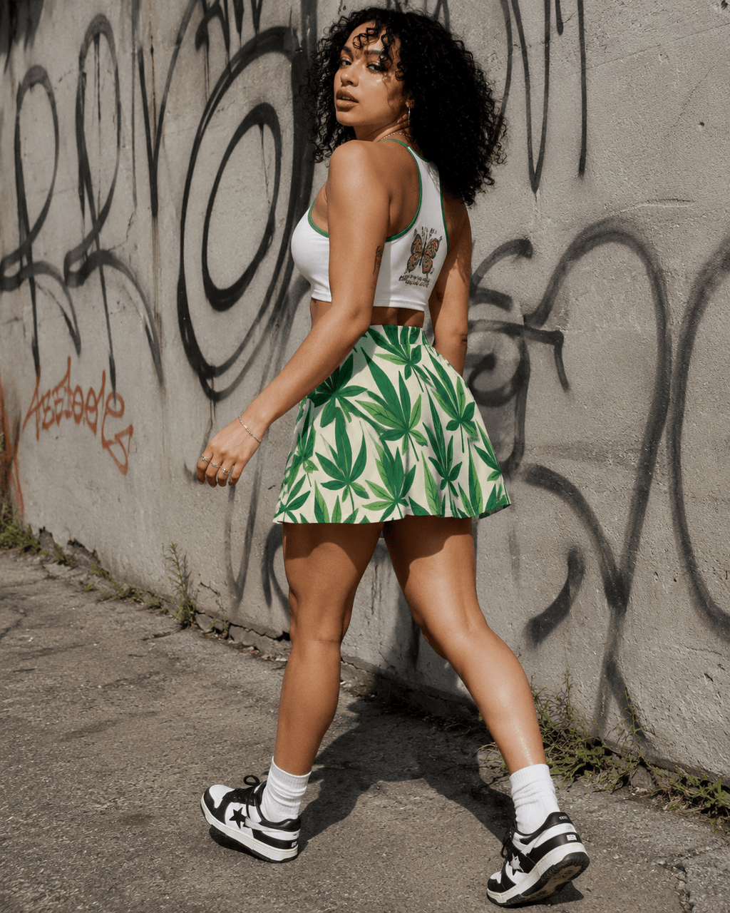 Leaf print skater skirt, back view showing flare