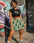 Jane Dope leaf print women's skater skirt, front view on model