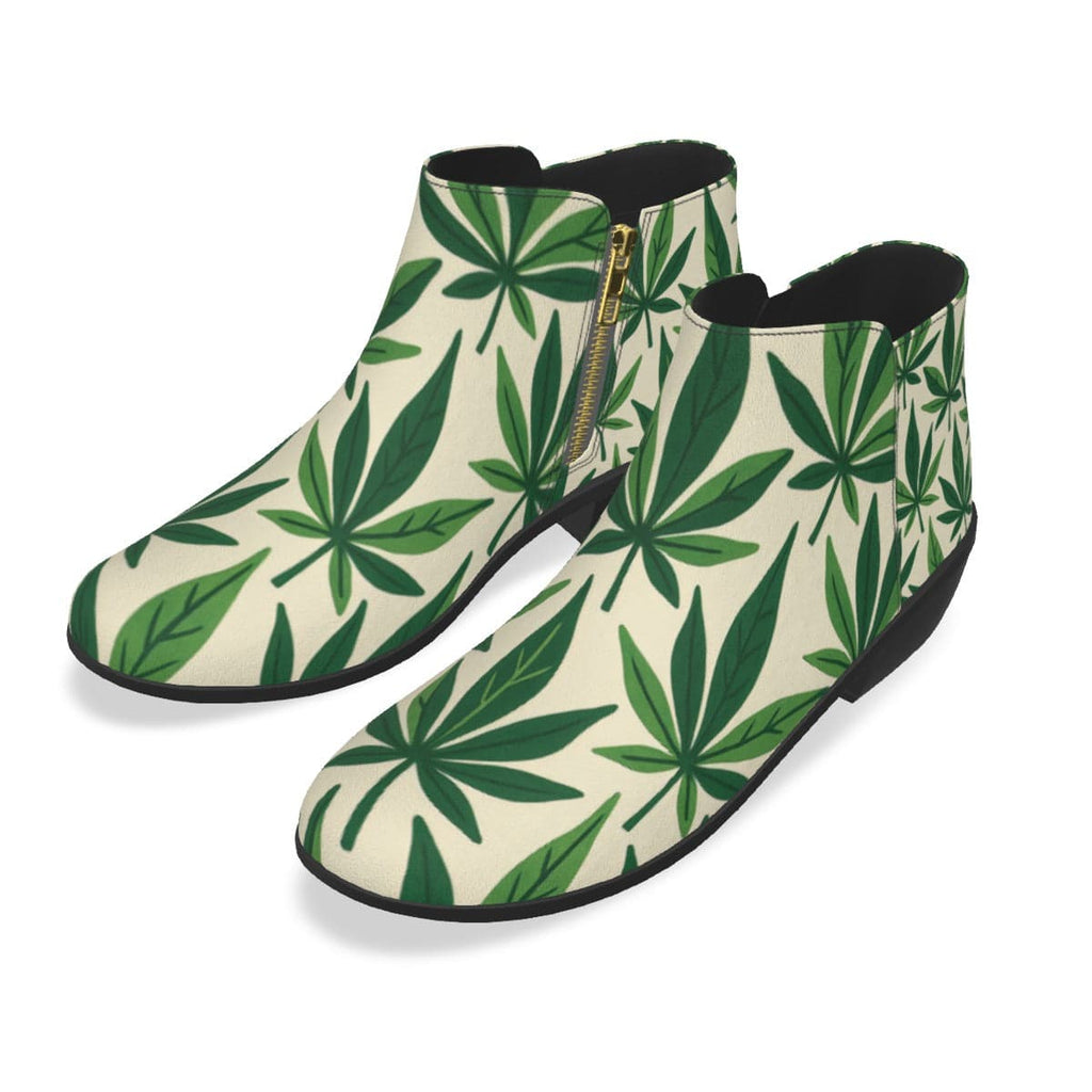 Leaf print vegan suede ankle booties, sole detail