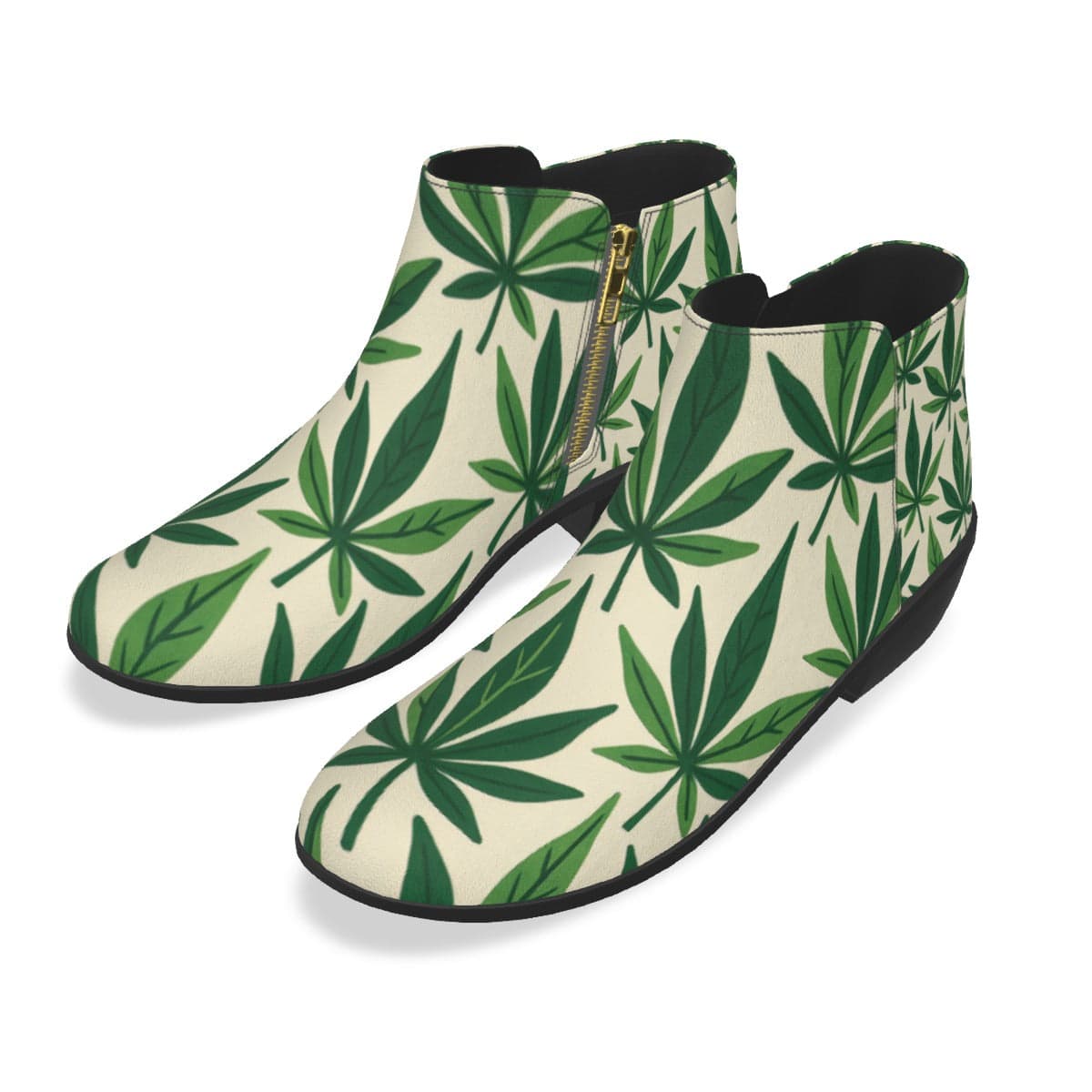 Leaf print vegan suede ankle booties, sole detail