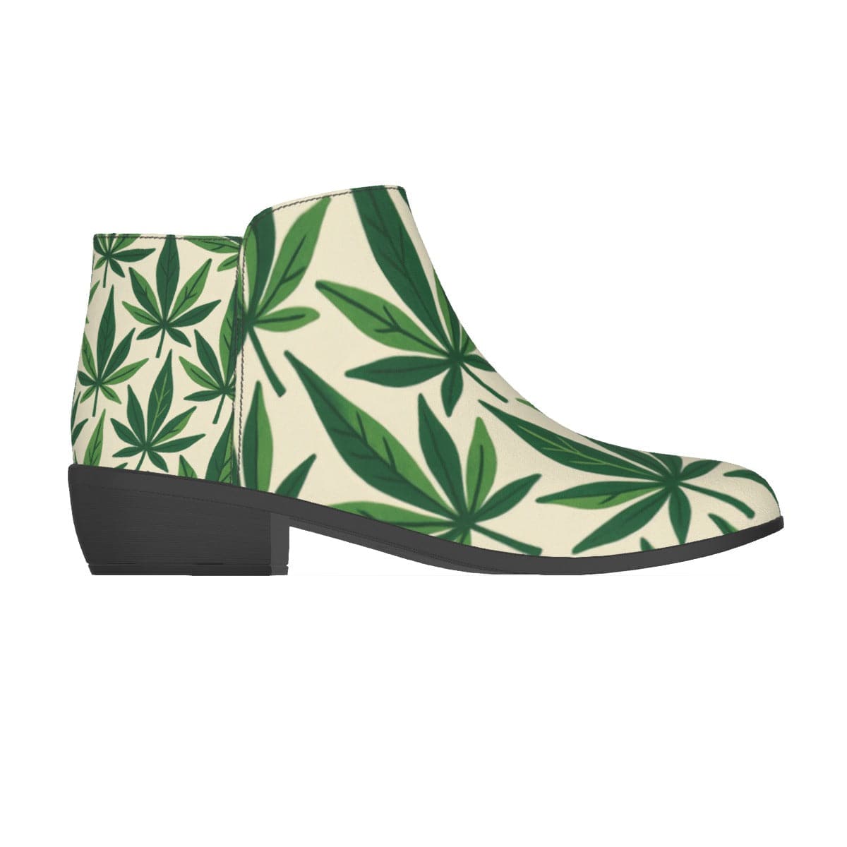 Leaf print vegan suede ankle booties, top-down view