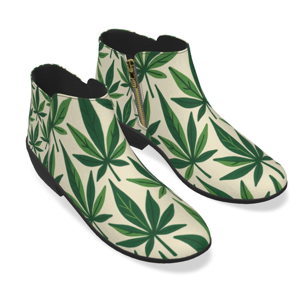 Leaf print vegan suede ankle booties, back view