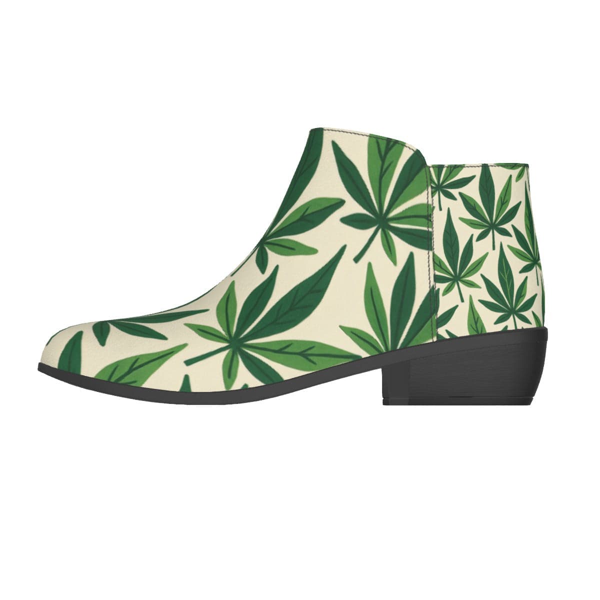 Leaf print vegan suede ankle booties, zip detail close-up
