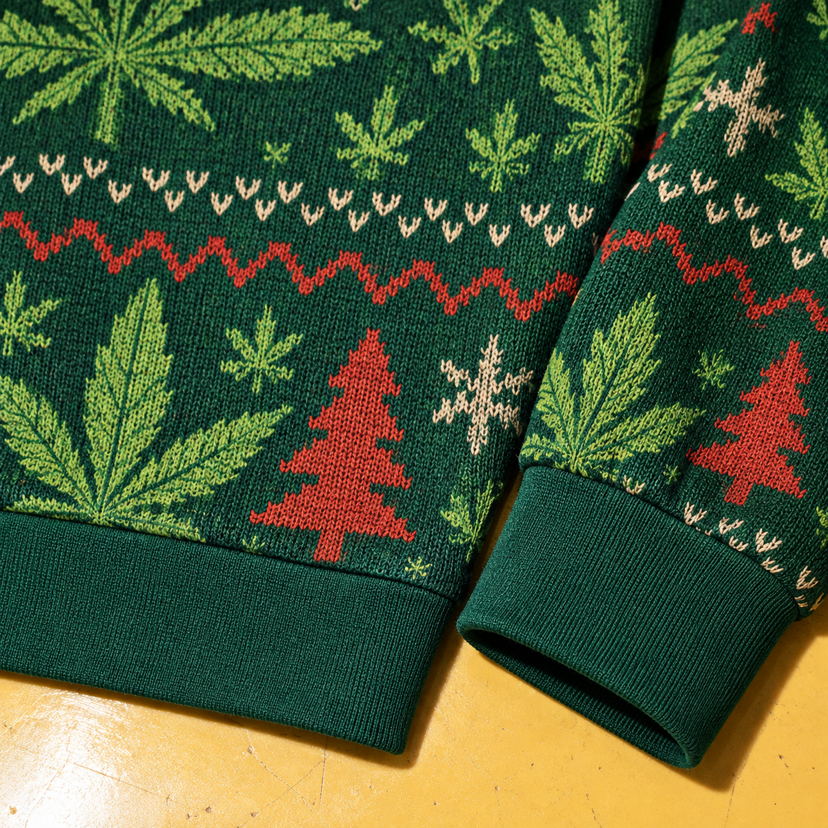 Green holiday sweater knit-textured fabric and cuff and hem band detail