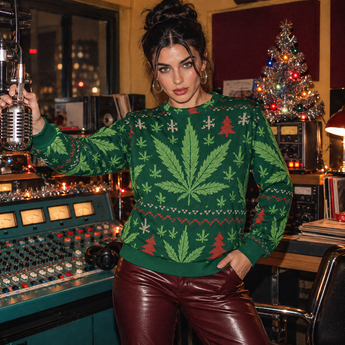 Green holiday sweater front view styled with oxblood trousers