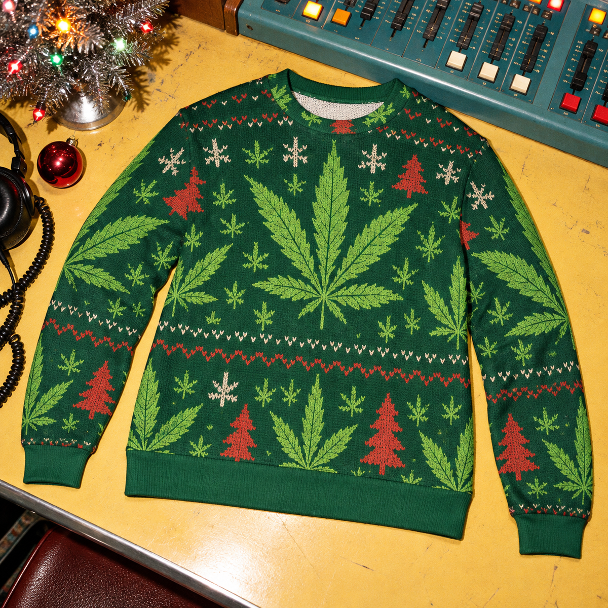 Green holiday sweater full front showing Herb leaves and Christmas trees