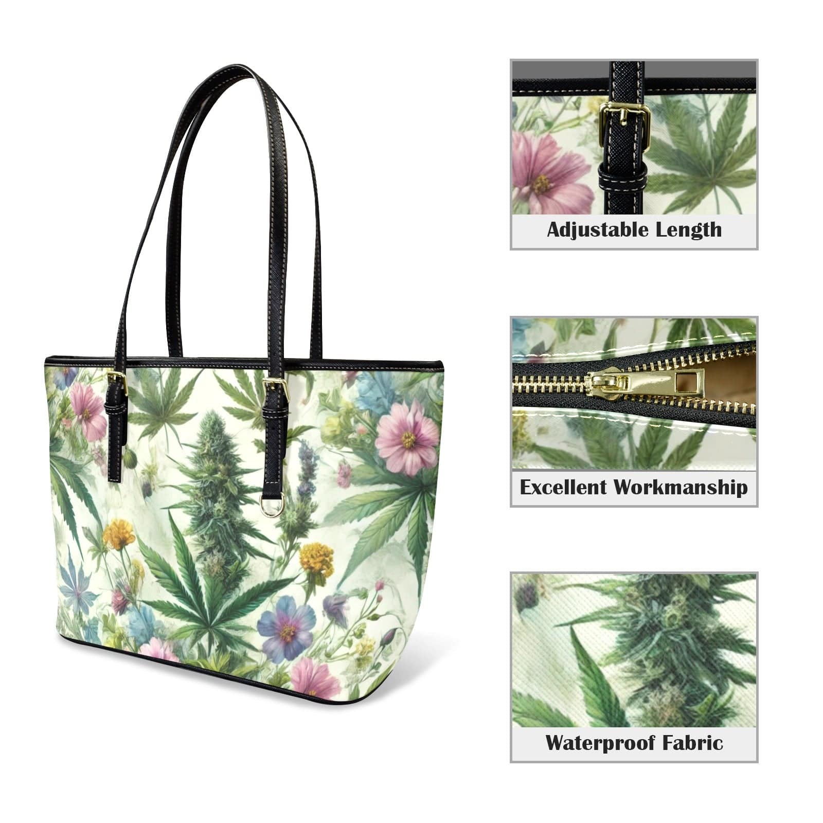 HER.B floral garden print vegan leather mini tote, top handle and zip detail close-up