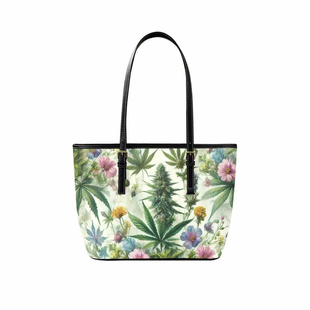 HER.B floral garden print vegan leather mini tote, side view showing strap detail