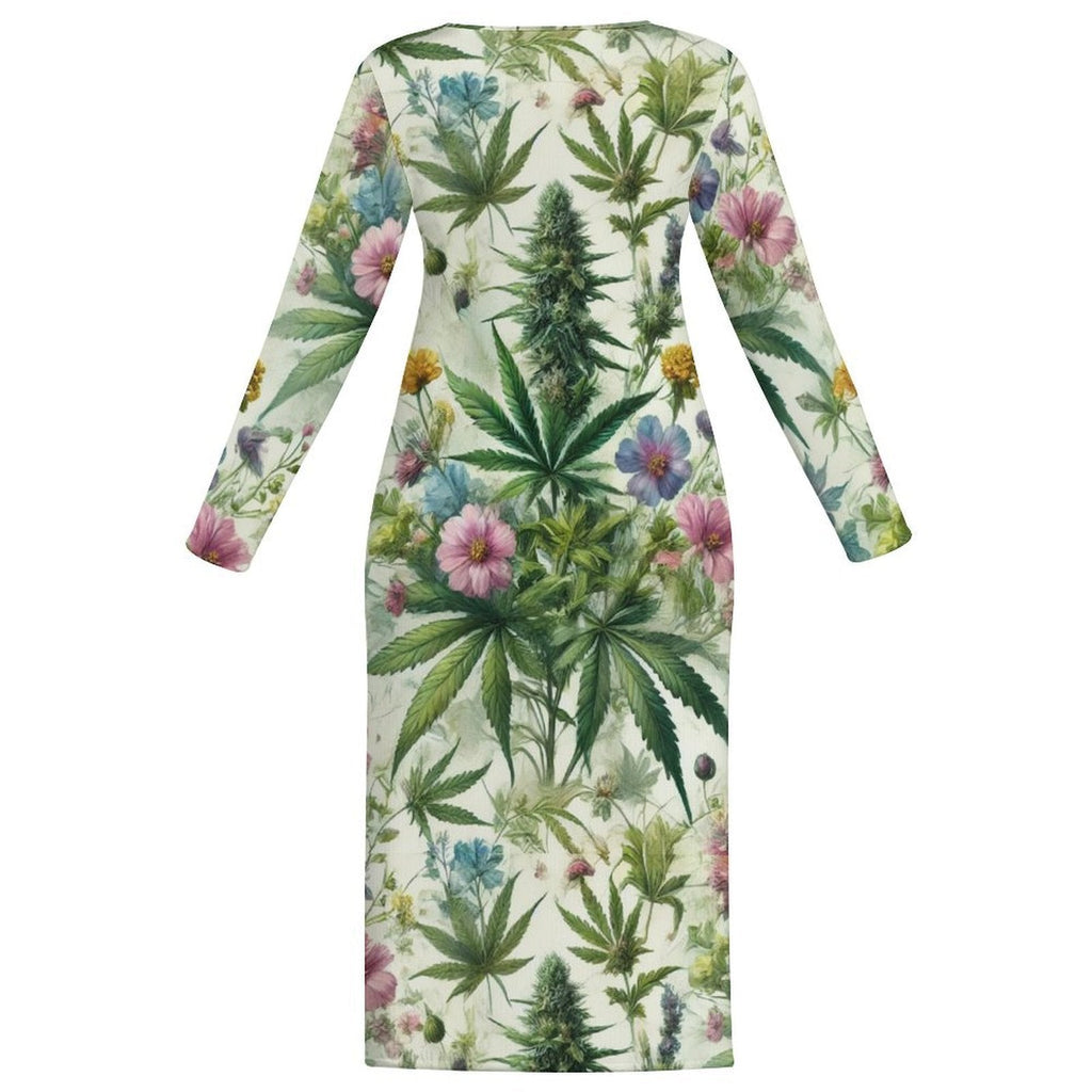 Herb Garden Long Sleeve Bodycon Dress — flat lay front