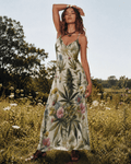 HER.B floral garden print long spaghetti strap dress, back view on model