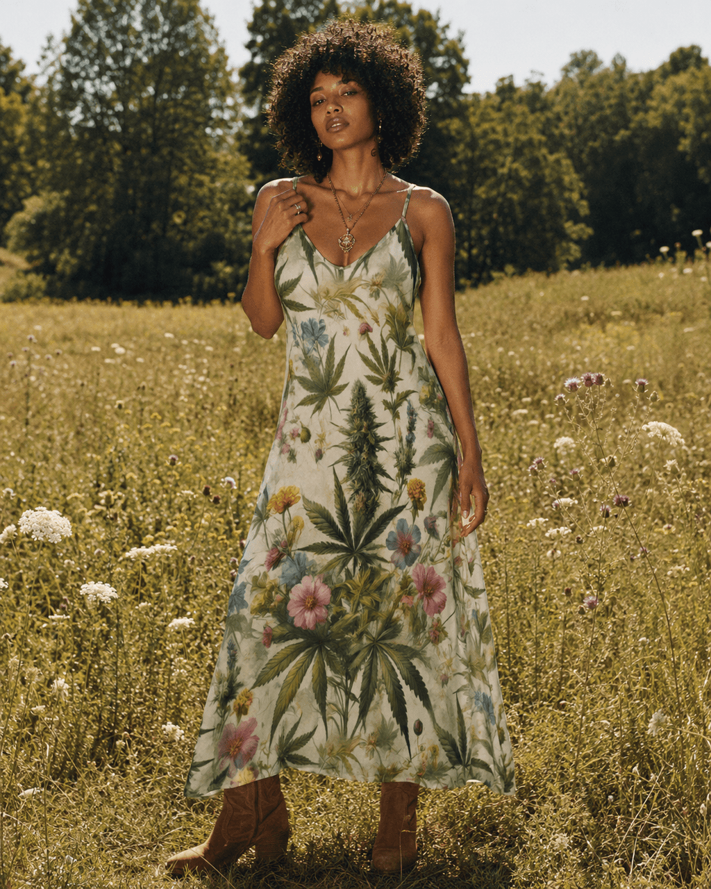 HER.B floral garden print long spaghetti strap dress, side view on model