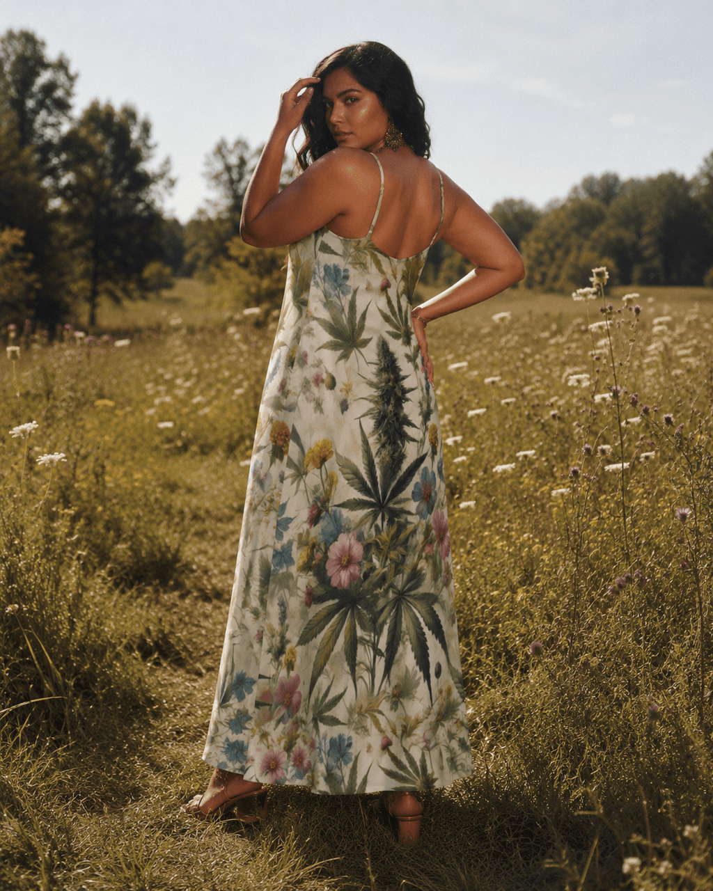 HER.B floral garden print long spaghetti strap dress, lifestyle editorial shot on model