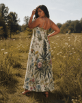 HER.B floral garden print long spaghetti strap dress, lifestyle editorial shot on model
