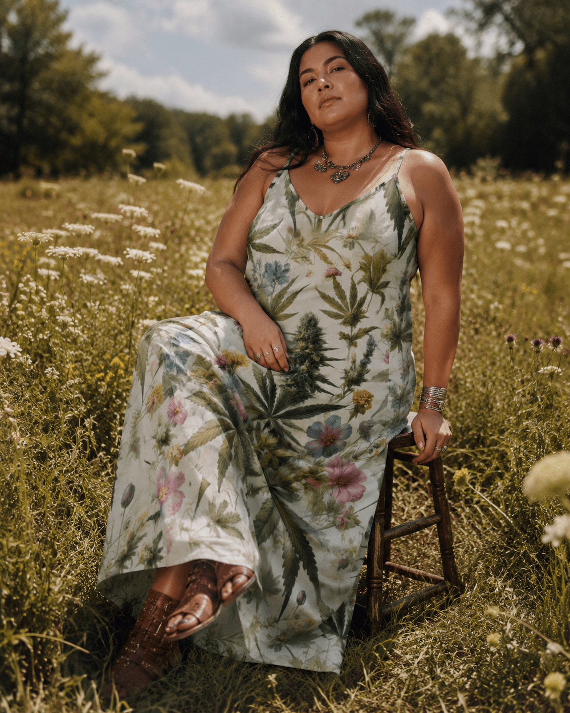 HER.B floral garden print long spaghetti strap dress, full length view on model outdoors