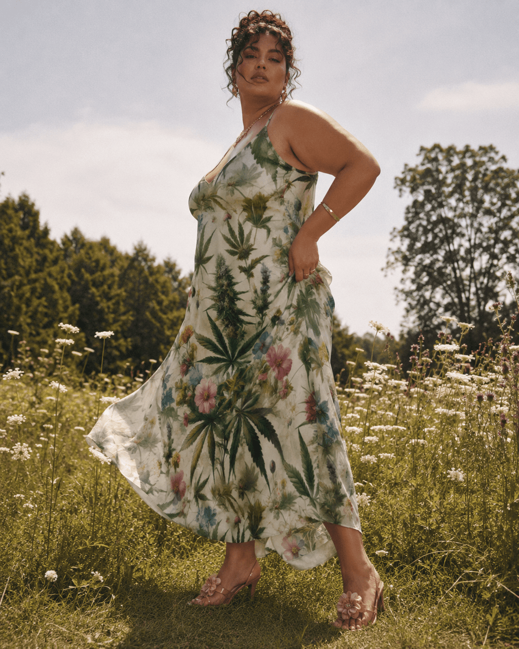 HER.B floral garden print long spaghetti strap dress, three-quarter view on model